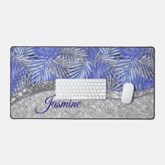 stylisch blaue lila silberne Glitzer Blätter monog Schreibtischunterlage (Tastatur & Maus)