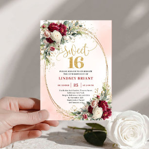 Stylisch Boho Burgunder-Rosa-Gold-Blumen-Sweet 16. Einladung