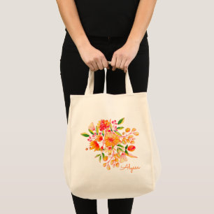 Stylisch Chic Orange Wasserfarbe Floral Personalis Tragetasche