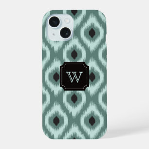 Stylisch Chic Schwarz Mint Diamant Ikat Monogramm iPhone 15 Hülle