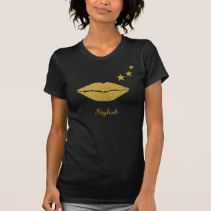 Stylische goldene glitzernde Lippen, Kalligrafie & T-Shirt
