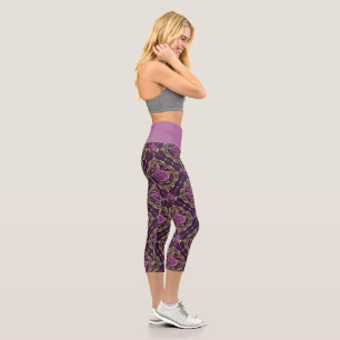 Stylische Lila-Rosen-Mandala-Yogakleidung Capri Leggings