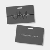 Stylische Maskuline Dunkelgrau Name & Monogramm Ausweis (Vorder- & Rückseite)