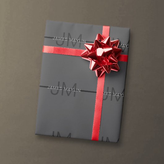 Stylische Maskuline Dunkelgrau Name & Monogramm Geschenkpapier