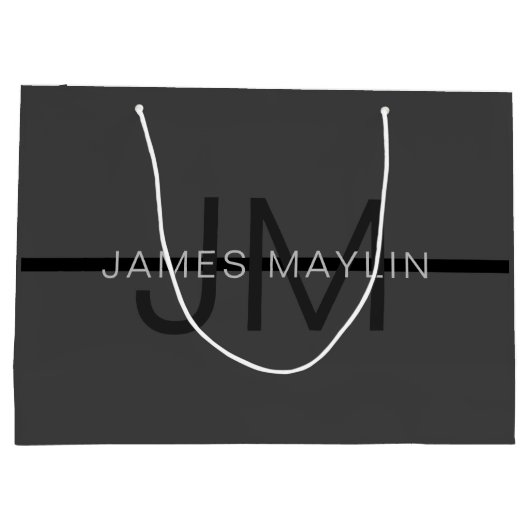 Stylische Maskuline Dunkelgrau Name & Monogramm Große Geschenktüte (Rückseite)
