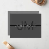 Stylische Maskuline Dunkelgrau Name & Monogramm Mitteilungskarte (Vorderseite/Rückseite Beispiel)