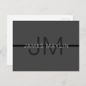 Stylische Maskuline Dunkelgrau Name & Monogramm Postkarte (Vorne/Hinten)