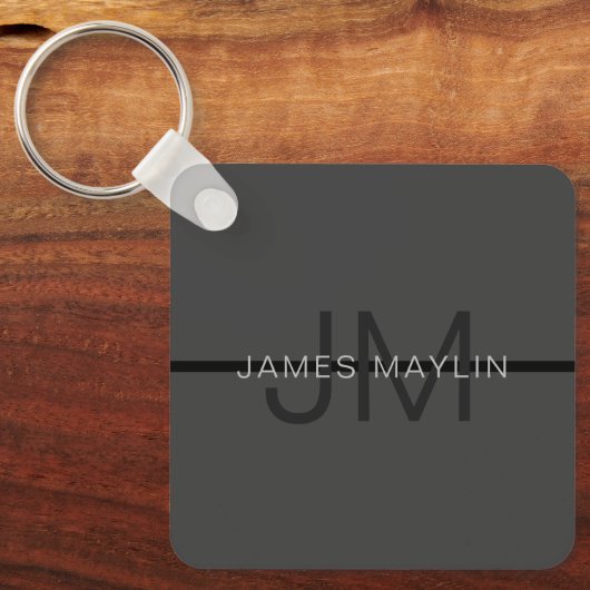 Stylische Maskuline Dunkelgrau Name & Monogramm Schlüsselanhänger (Vorderseite)