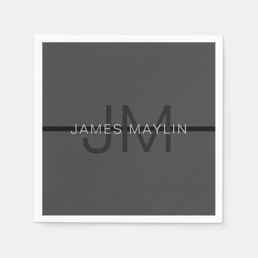 Stylische Maskuline Dunkelgrau Name & Monogramm Serviette (Vorderseite)