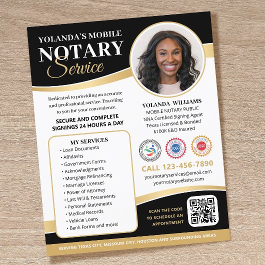 Stylische Mobile Notary Public QR Code Black Gold Flyer