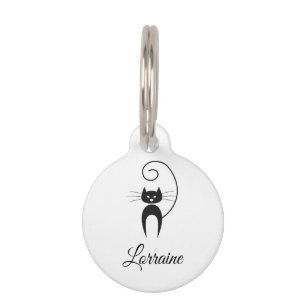 Stylische moderne schwarze Katze mit lockigem Schw Haustiermarke