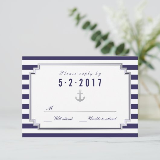 Stylische Nautical Custom Navy White RSVP Karte (Stehend Vorderseite)