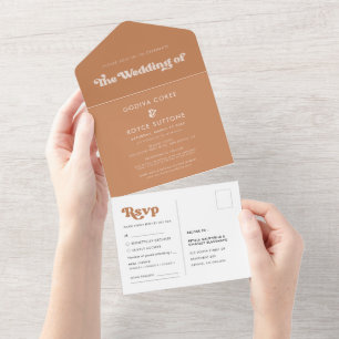 Stylische Retro-Braunzucker-Hochzeit All In One Einladung