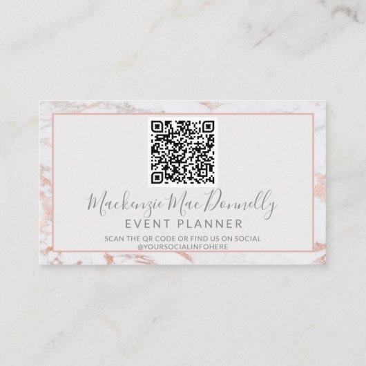 Stylische Rose Gold Foil Marmor Monogram QR Code Visitenkarte (Rückseite)