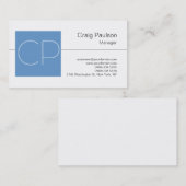 Stylische Schwarz-weiß Blue Monogram Business Card Visitenkarte (Vorne/Hinten)