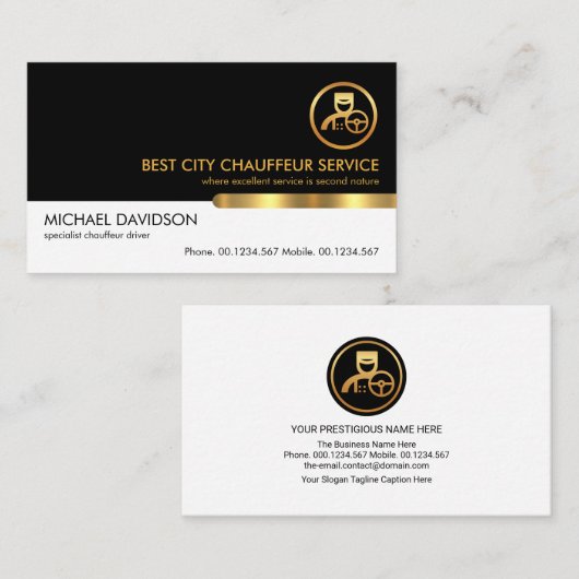 Stylische Schwarz-weiß Layer Gold Tab Chauffeur Visitenkarte (Vorne/Hinten)