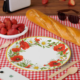 Stylische White Daisies Red Poppies Blume Wreath Pappteller