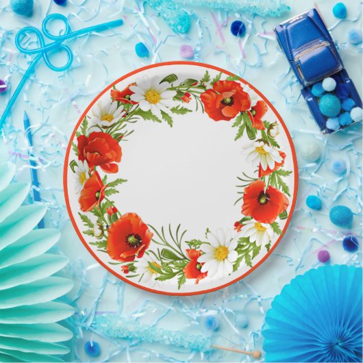 Stylische White Daisies Red Poppies Blume Wreath Pappteller (Party)