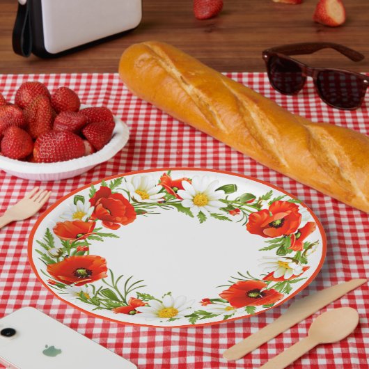 Stylische White Daisies Red Poppies Blume Wreath Pappteller (Picknick)