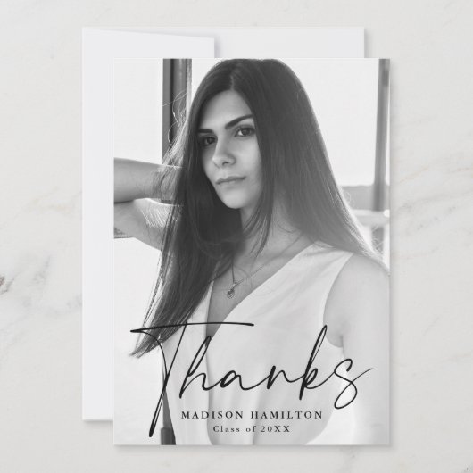 Stylischer Black Script Foto Abschluss Dankeskarte (Vorderseite)