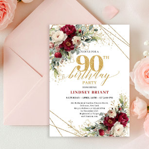 Stylischer Boho Merlot Weiß Gold Rosen 90. Geburts Einladung