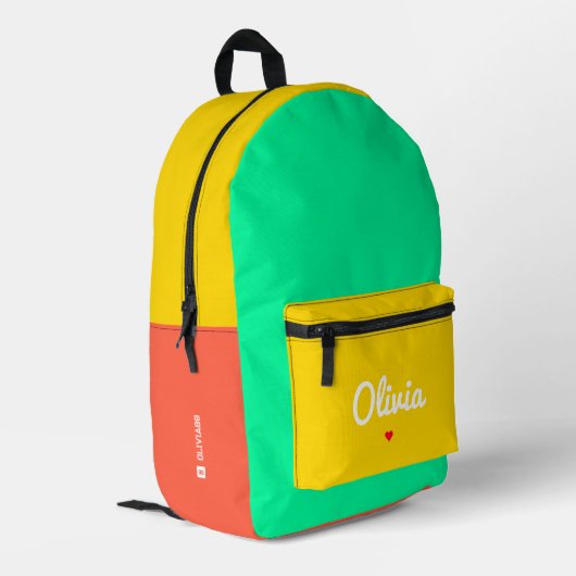 Stylischer Farbblock Orange-Gelb-Grün Bedruckter Rucksack (Rückseitige Ecke links)