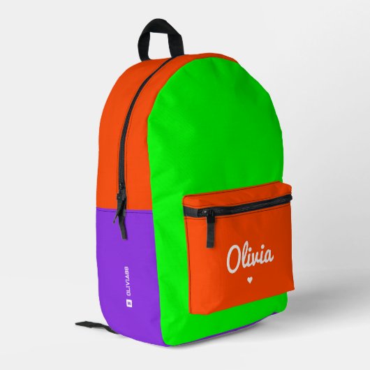 Stylischer Farbblock Orange Lila Neon Green Bedruckter Rucksack (Rückseitige Ecke links)