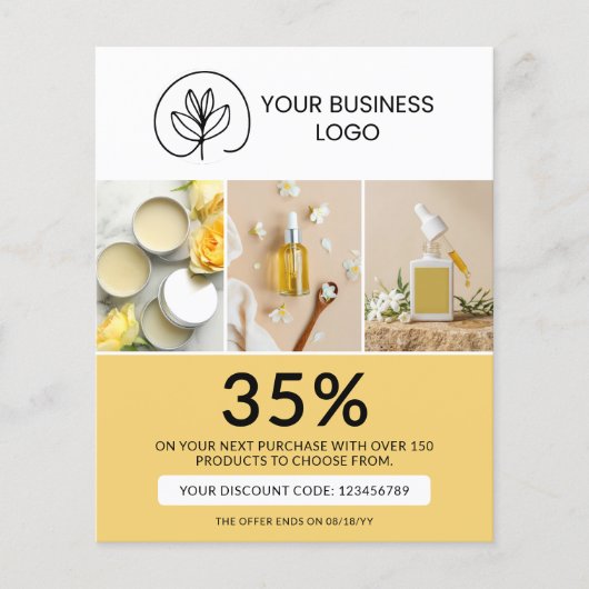 Stylischer gelber Marketing-Rabattcode Flyer (Vorne)