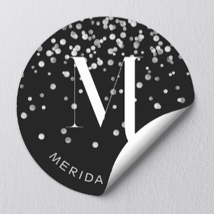 Stylischer Glam Silber Glitter Name Schwarz Monogr Runder Aufkleber