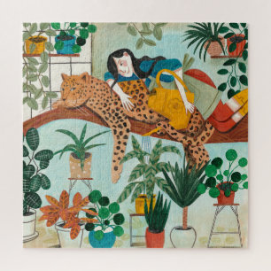 Stylischer grüner Mädchen tropischer Leopard Dschu Puzzle