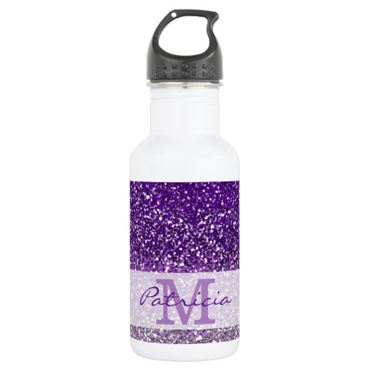 Stylischer Lila Ombre Glitzer Monogram Name Edelstahlflasche (Vorderseite)