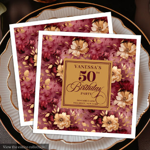 Stylischer Merlot-Schimmer Gold Blumen 50. Geburts Serviette