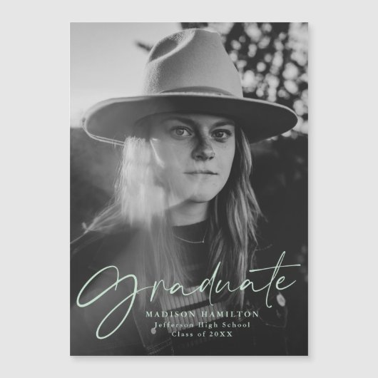 Stylischer Mint Green Script Foto Abschluss Magneteinladung (Vorderseite)