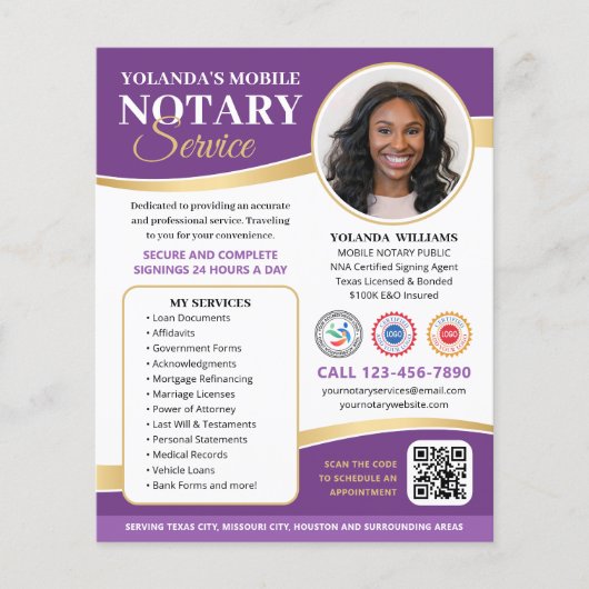 Stylischer Mobile Notary Public QR Code Lila Flyer (Vorne)