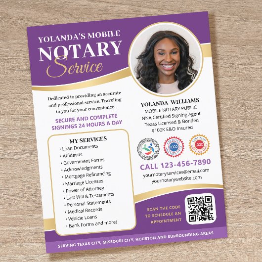 Stylischer Mobile Notary Public QR Code Lila Flyer