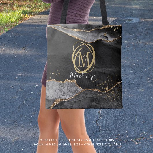 Stylischer Monogram Name Black Agate Gold Glitzer Tasche