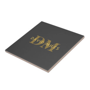 Stylischer Name & Monogramm Gold & Dunkelgrau Fliese