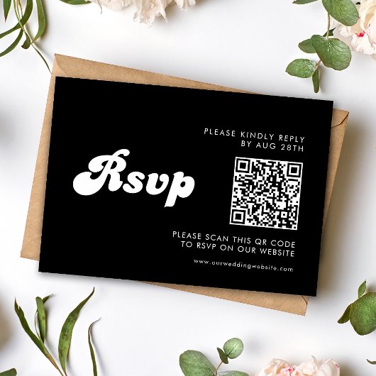 Stylischer Retro Black & White Wedding QR Code RSVP Karte