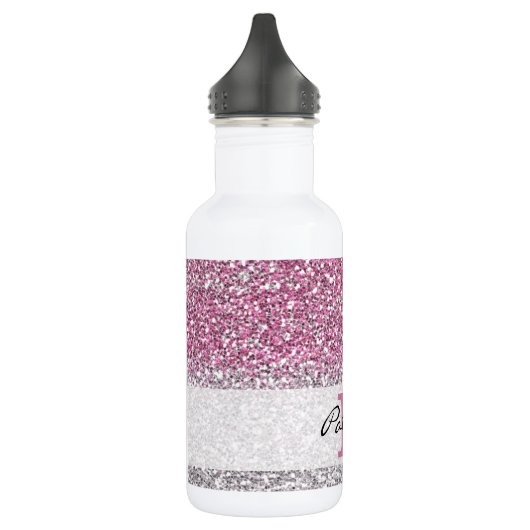 Stylischer Rosa Ombre Glitzer Monogram Name Edelstahlflasche (Links)