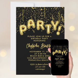 Stylischer schwarzer und goldener Folien-Partyball Einladung