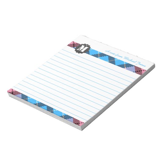 Stylischer Skriptname Custom Monogram Tartan Lined Notizblock (Rotiert)