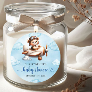 Stylischer Teddybär-Pilot-Flugzeug Blau Braun Baby Runder Aufkleber
