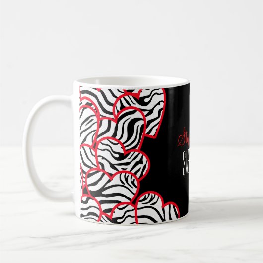 Stylisches rotes süßes 16 Zebra Herz Design Name Kaffeetasse (Links)