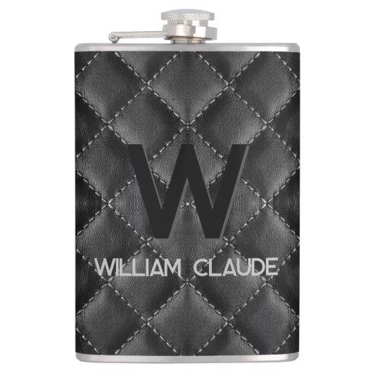 Stylisches Schwarz Leder Custom Monogram Flachmann (Vorderseite)