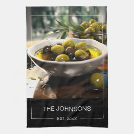 Stylisches Schwarz-weißes Foto- und Familienname M Geschirrtuch