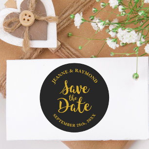 Stylisches schwarzes Goldfolien Save-the-Date Hoch Runder Aufkleber