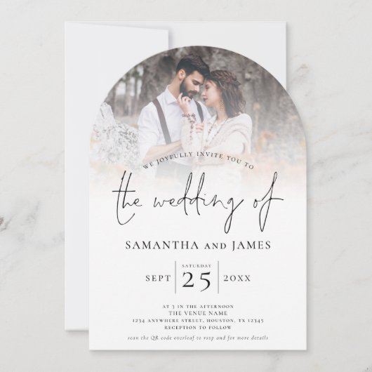 Stylisches Script 2 Fotos Overlay QR Code Hochzeit Einladung (Vorderseite)