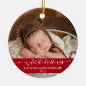 Stylisches Script Red My First Christmas Baby Keramik Ornament (Vorne)
