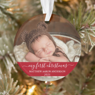 Stylisches Script Red My First Christmas Baby Ornament