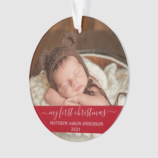 Stylisches Script Red My First Christmas Baby Ornament (Vorderseite)